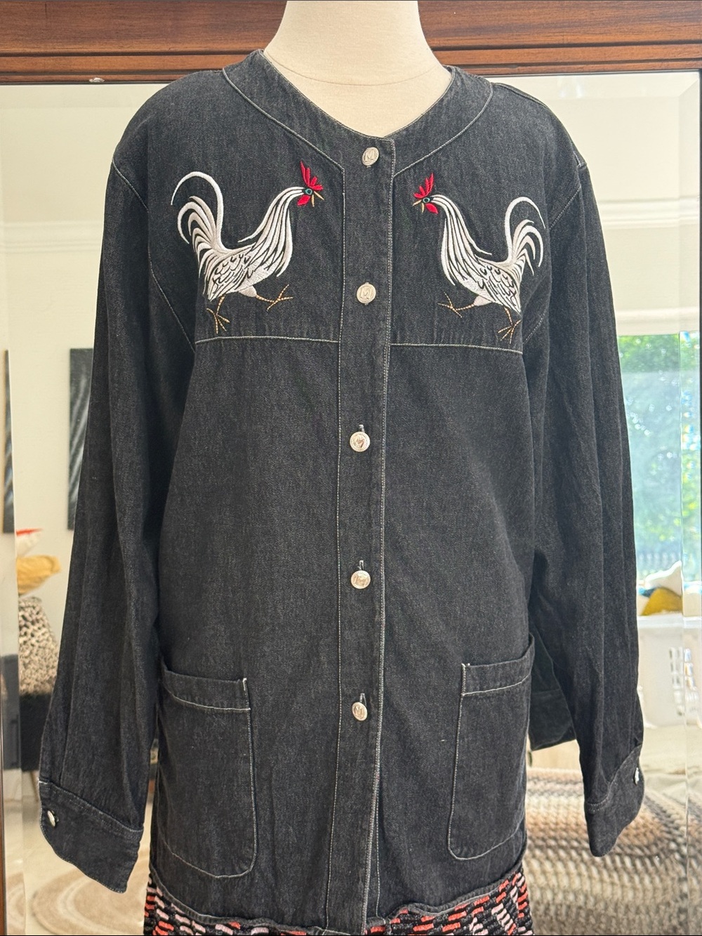 Bob Mackie Wearable Art Embroidered Rooster Black Denim Button-Up Jacket Large